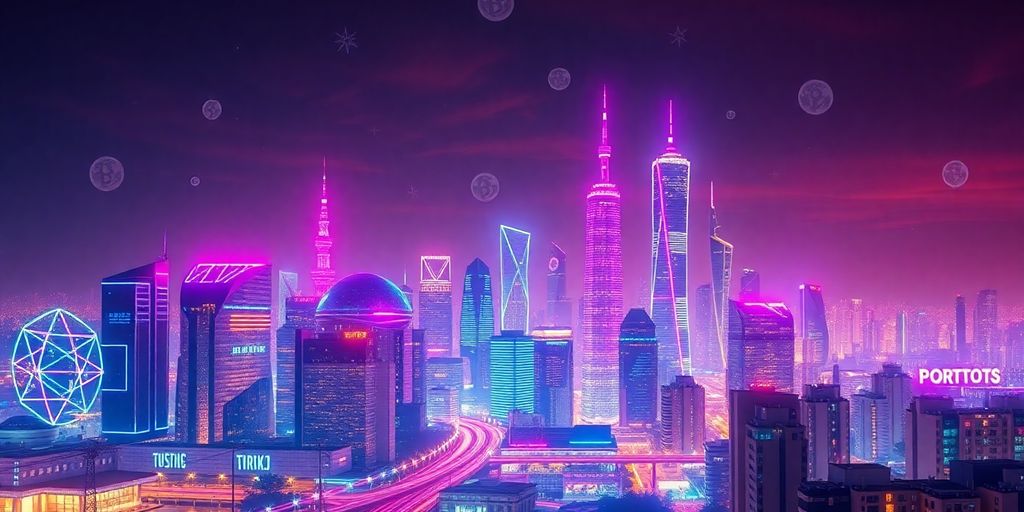 Futuristic skyline with digital elements and blockchain motifs.