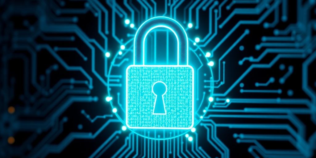 Digital lock on circuit board background for crypto security.