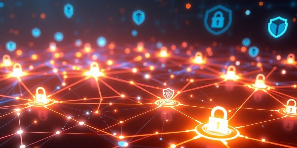 Futuristic blockchain nodes with AI algorithms and security icons.
