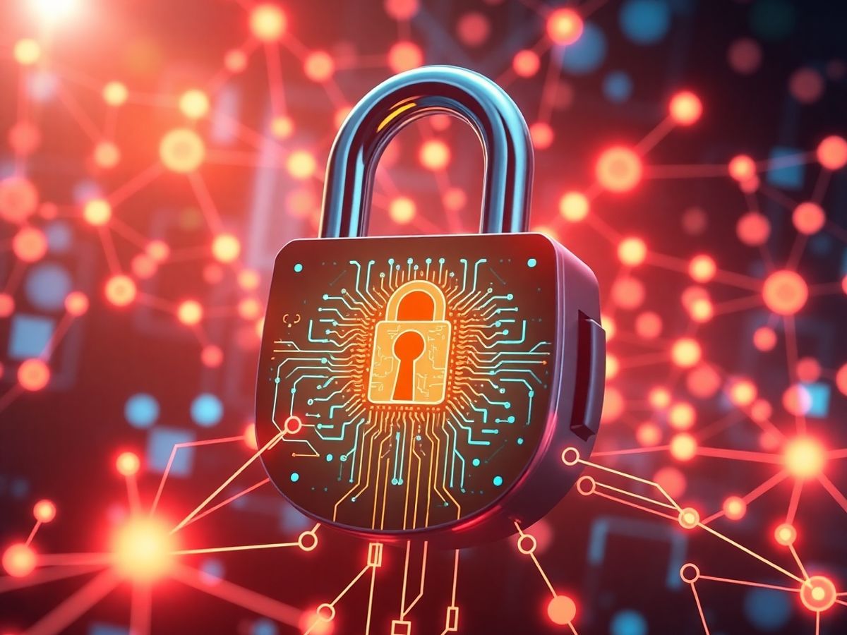 AI circuitry and digital lock in a futuristic setting.