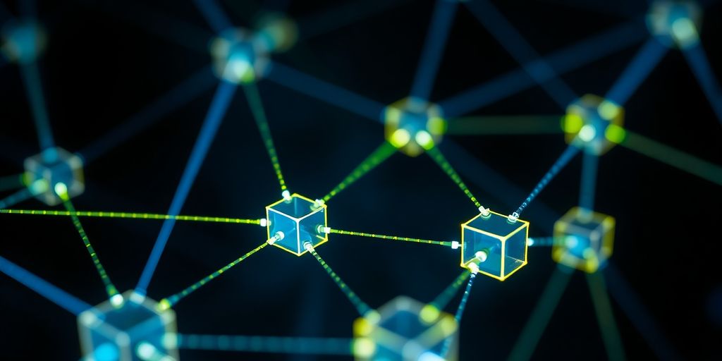 Interconnected glowing blocks, digital network visible.