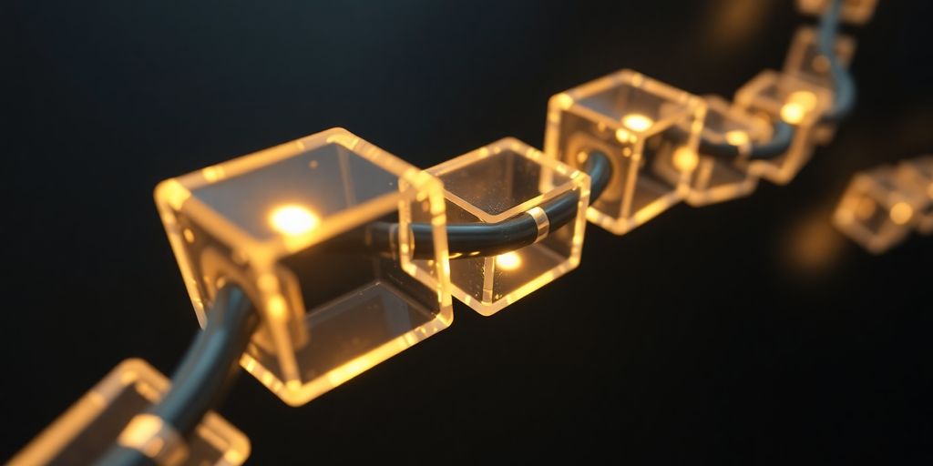 Interconnected glowing blocks in digital space.