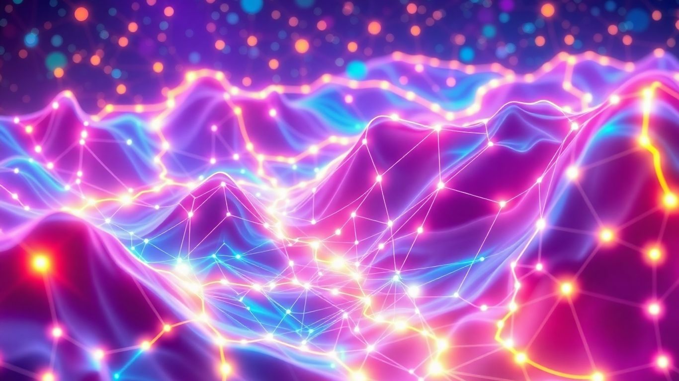 Digital network with glowing pathways and abstract shapes.
