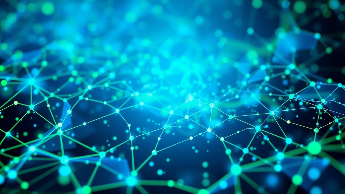 Abstract digital network with blue and green nodes and streams.