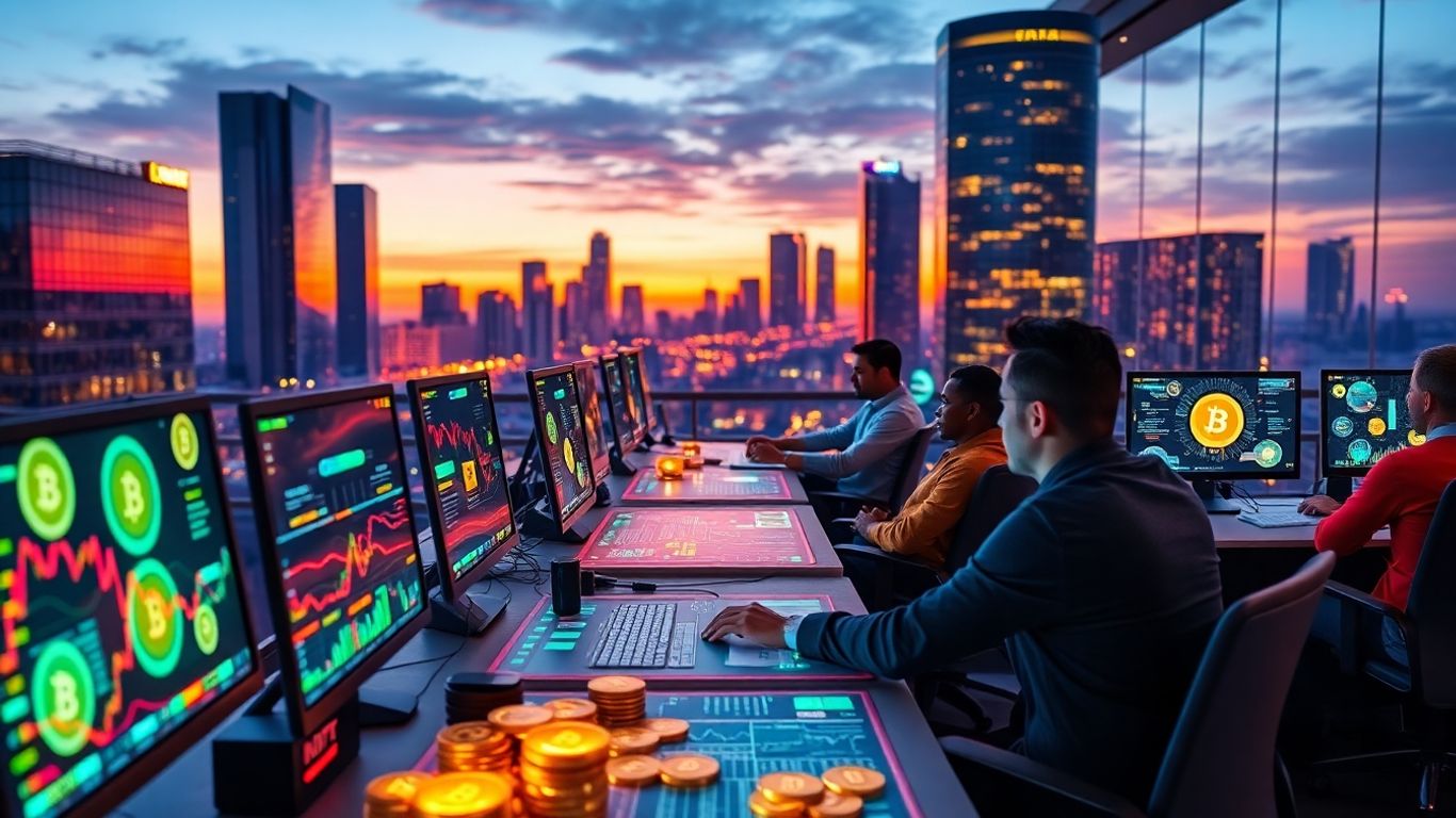 Futuristic crypto traders working at digital trading desks