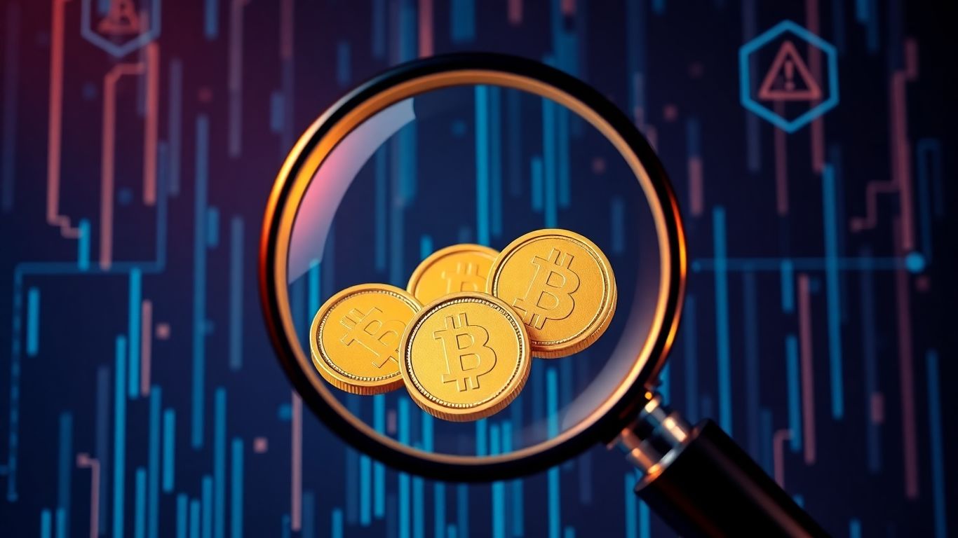 Magnifying glass over crypto coins on a digital background.