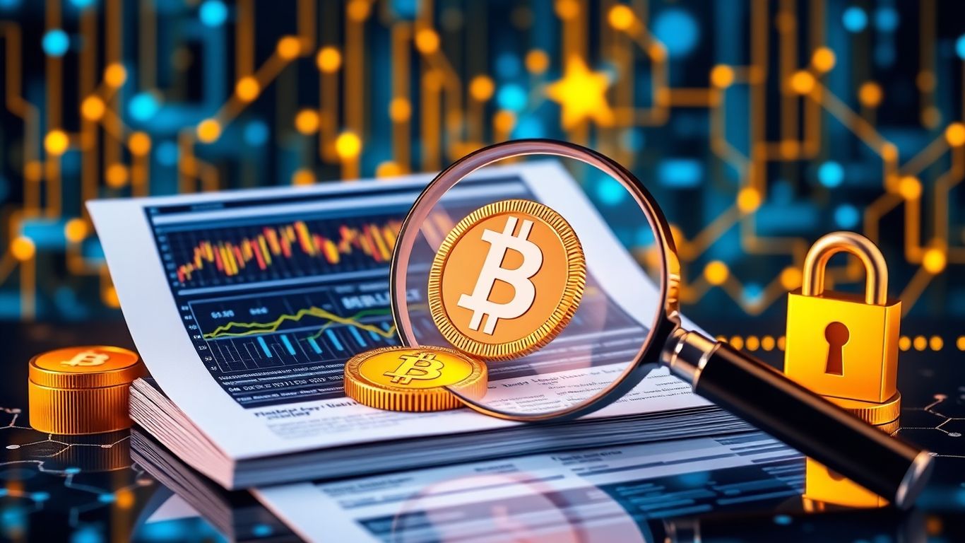 Magnifying glass examines crypto coins over blockchain network