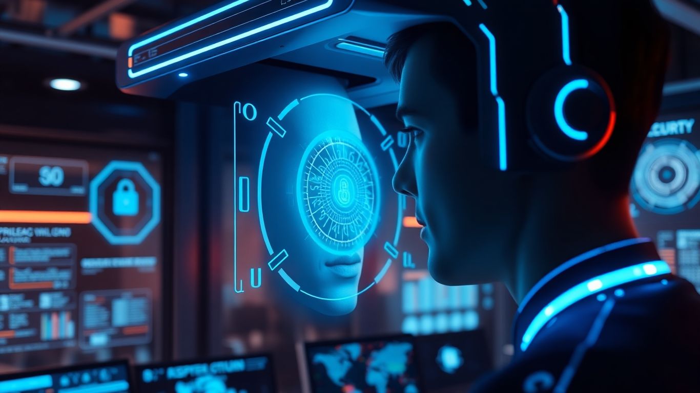 Futuristic biometric face scan with digital security holograms.