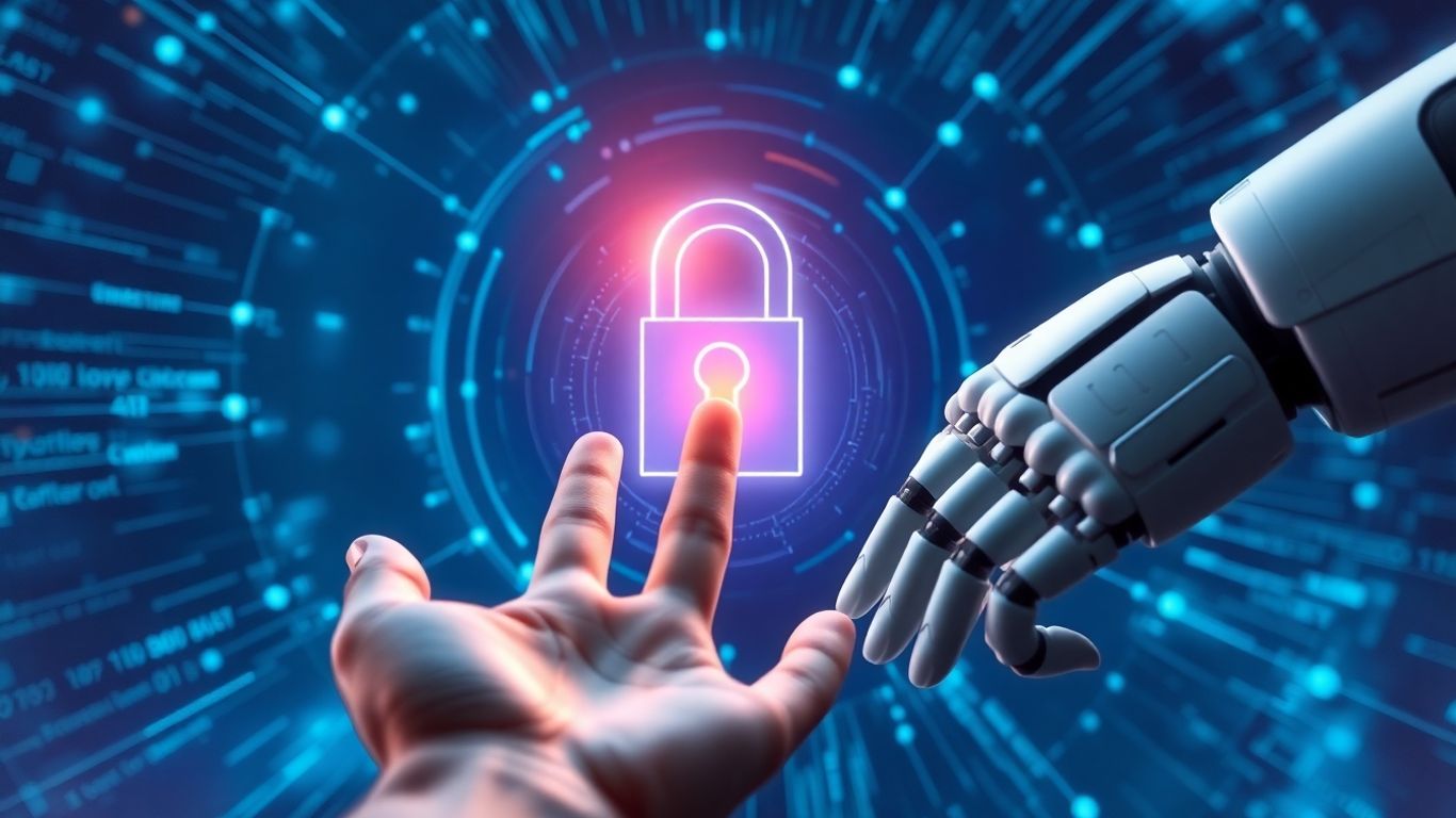 Human and robot hands near glowing digital lock