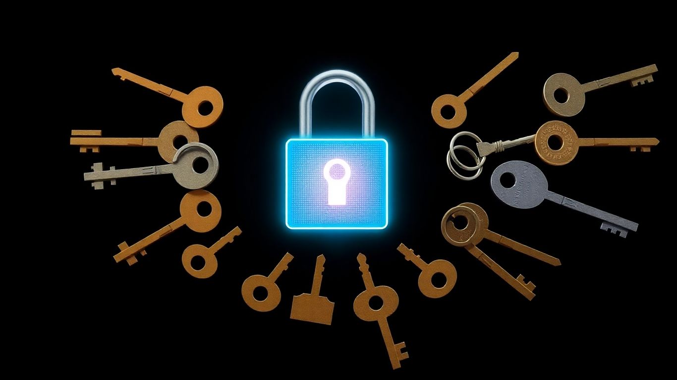 Several colorful keys surrounding a glowing digital padlock