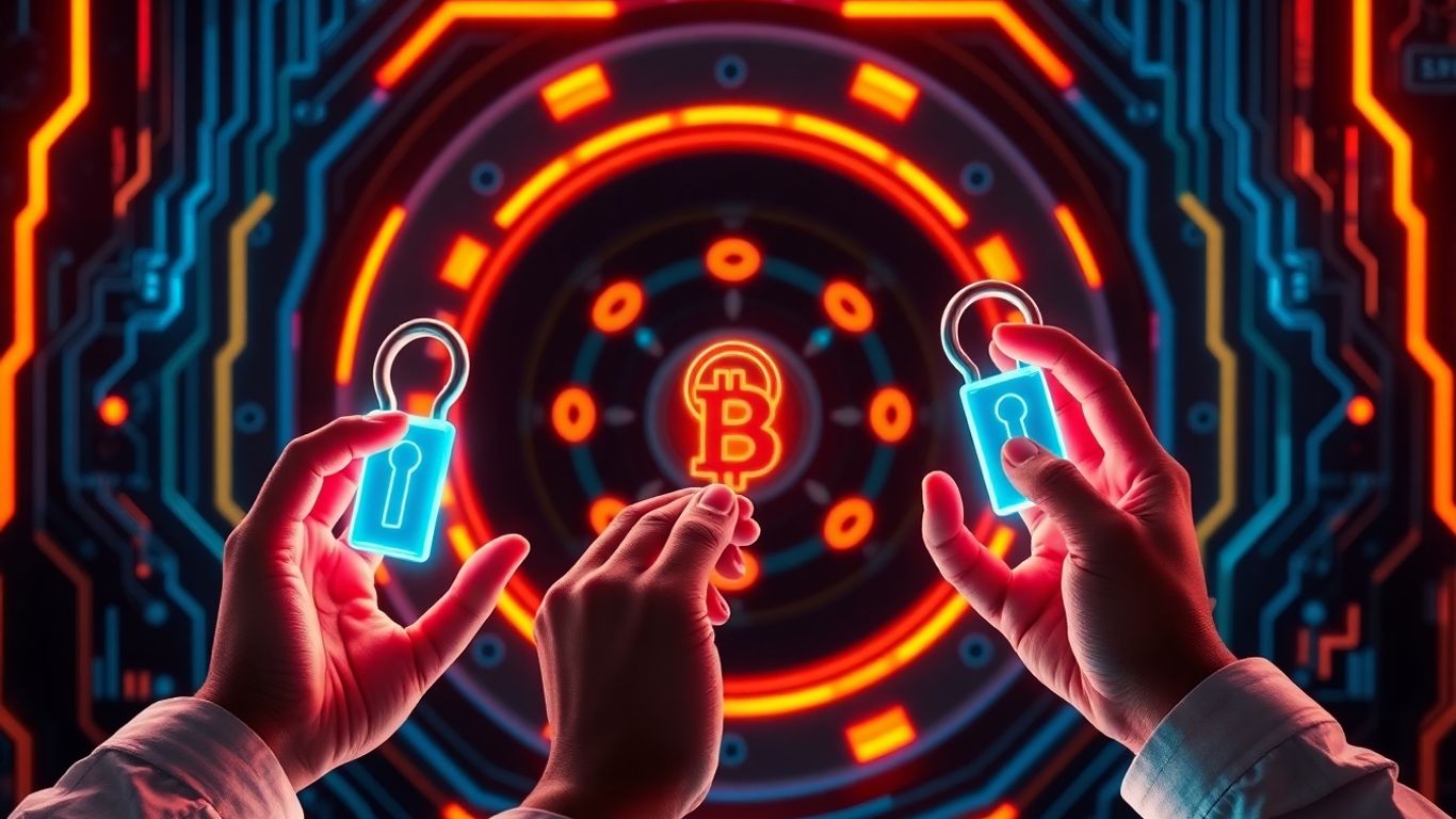 Three hands unlocking a glowing crypto vault with digital keys