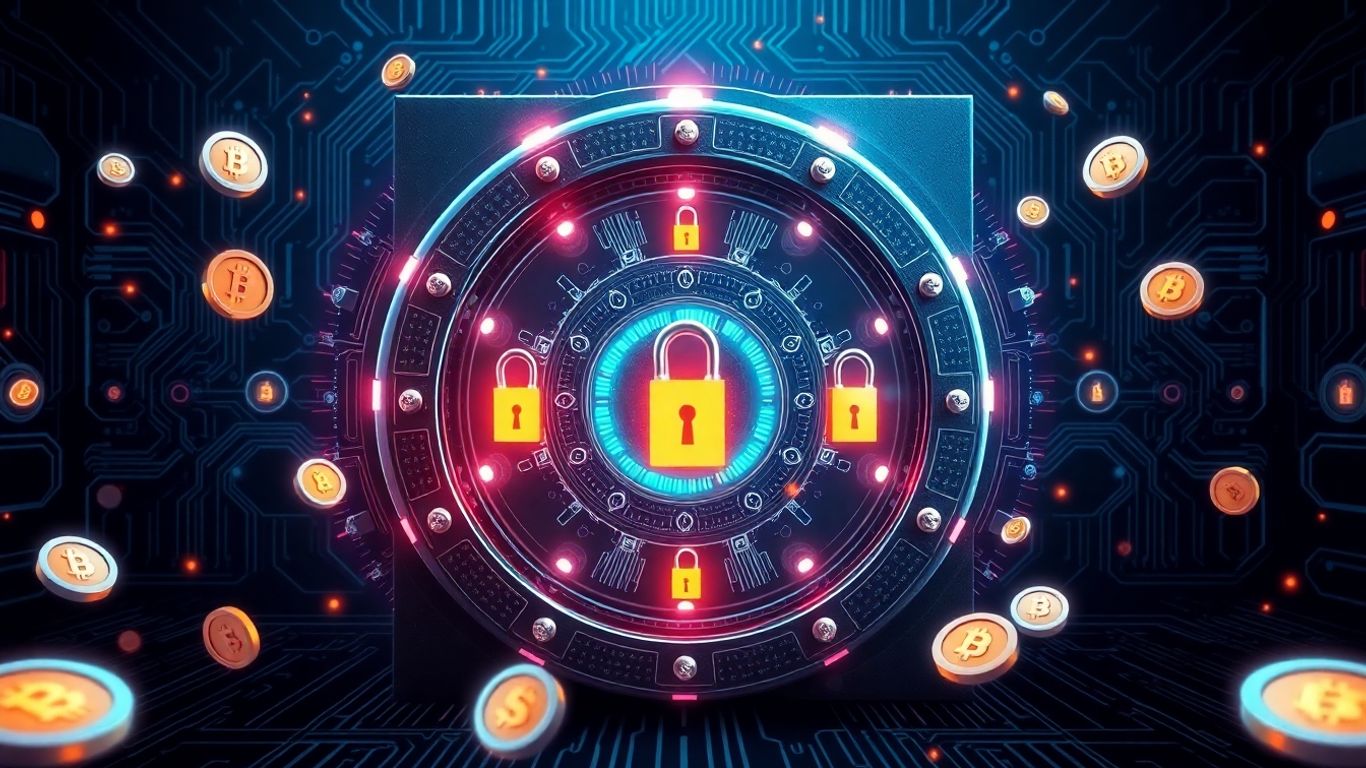 Futuristic digital vault with multiple keyholes and crypto coins