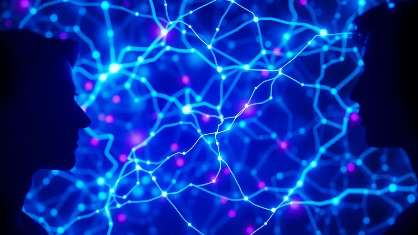 Abstract neural network pathways with human profiles.