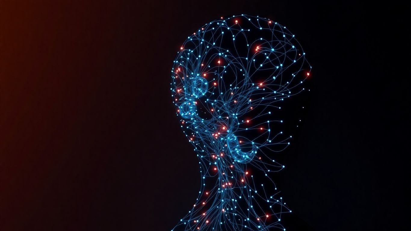 Human silhouette with glowing digital data patterns inside.