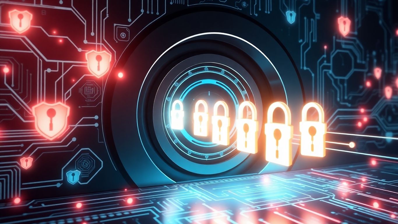 Digital vault secured by multiple glowing keys and shields.