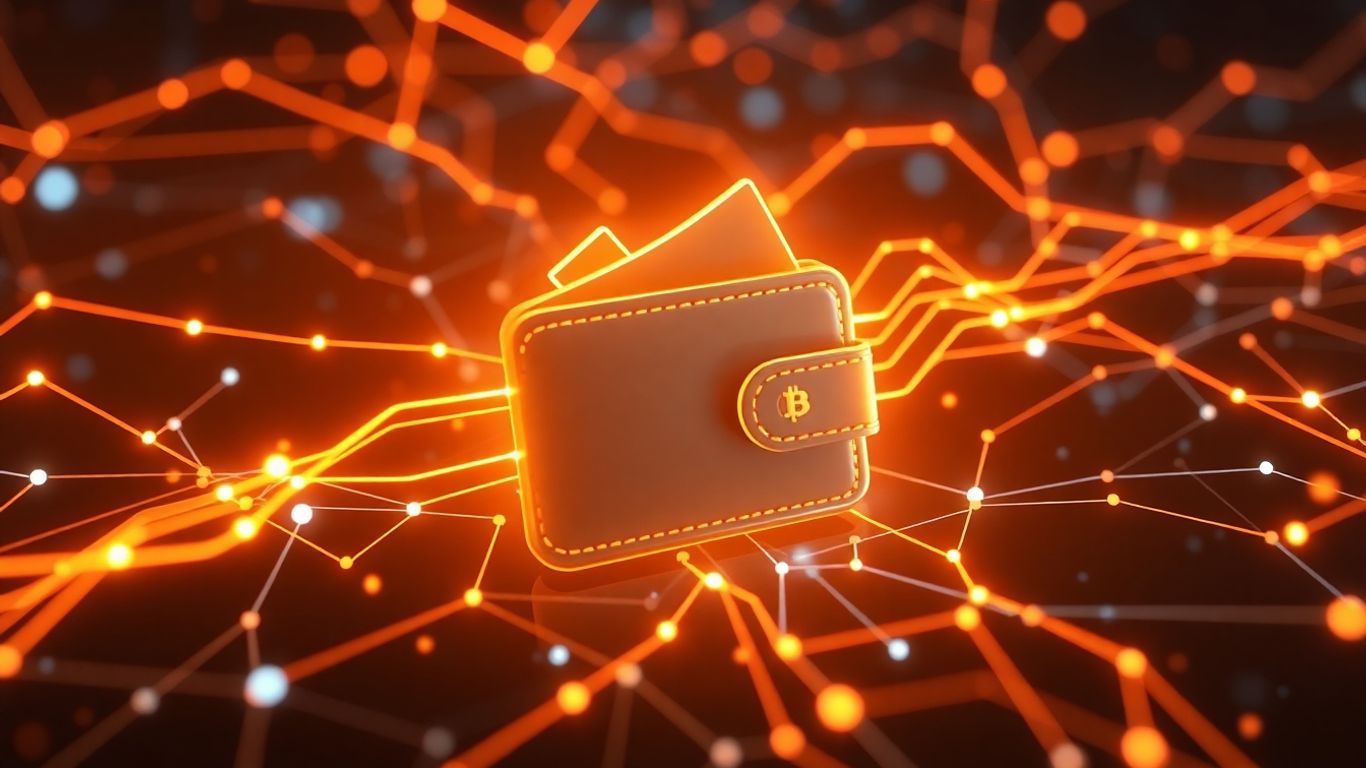 Digital wallet with glowing transaction lines and network connections.