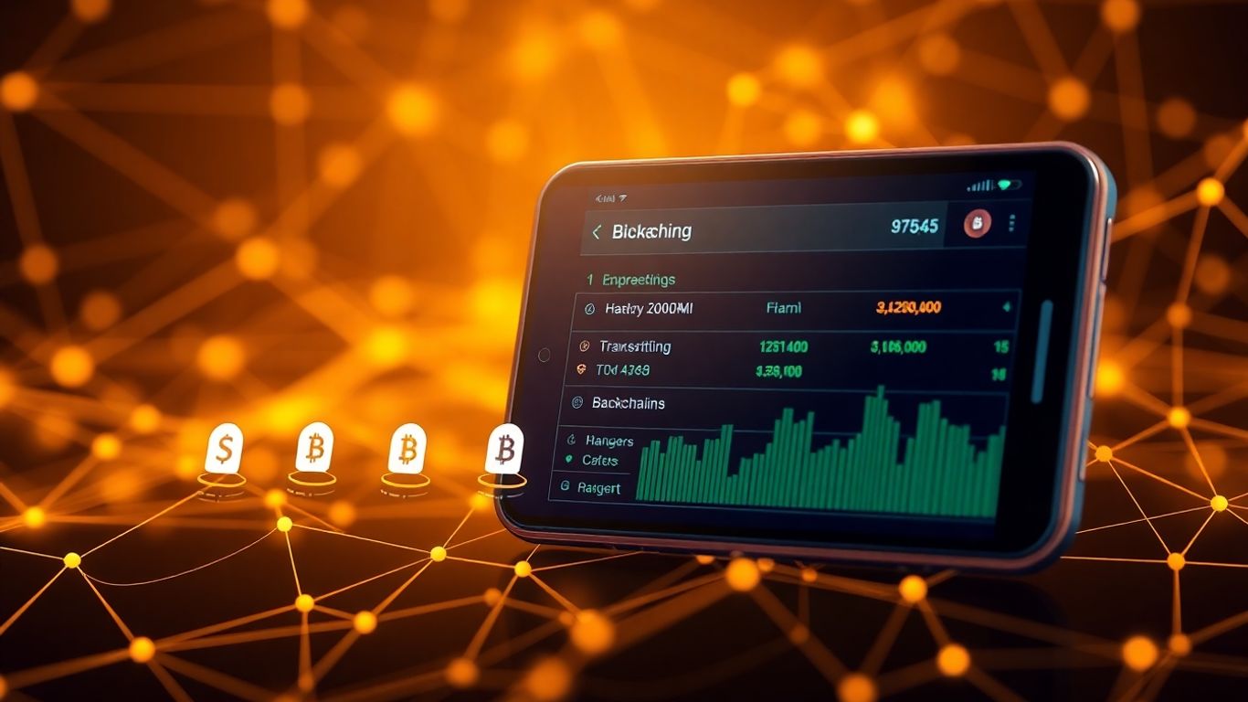 Digital wallet with transaction icons and network nodes.