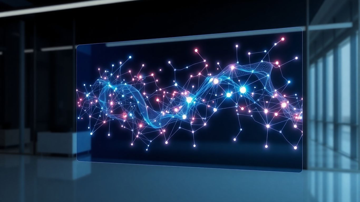 AI interface with glowing neural networks and digital forms.