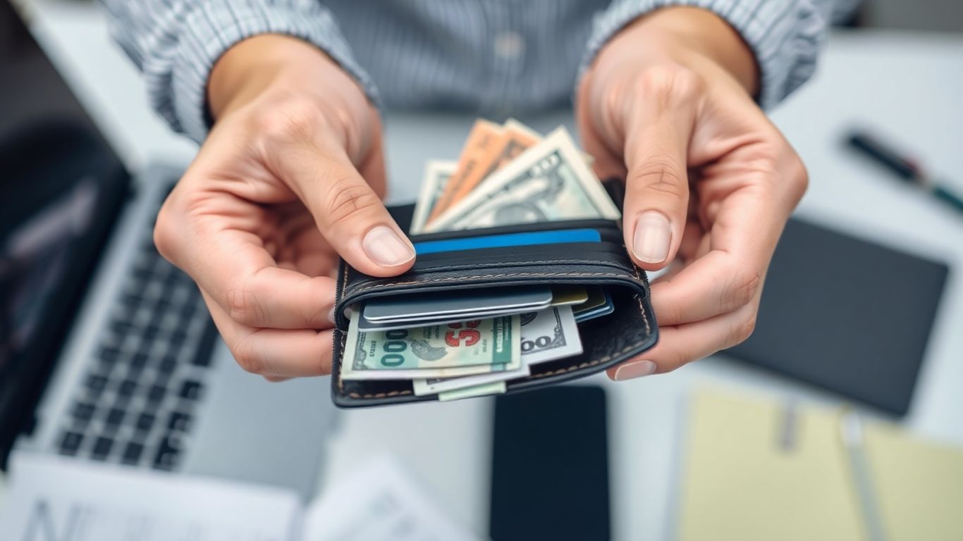 Hands holding an open wallet with cash and cards inside.
