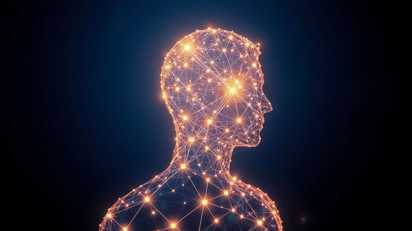 Digital silhouette with glowing connections, personalized identity.