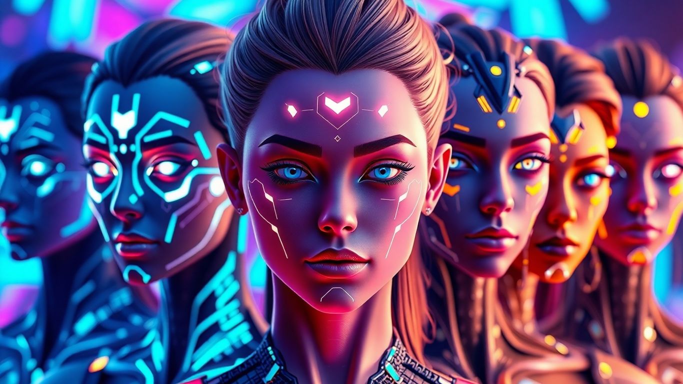 Digital avatars with unique cybernetic enhancements and glowing features.