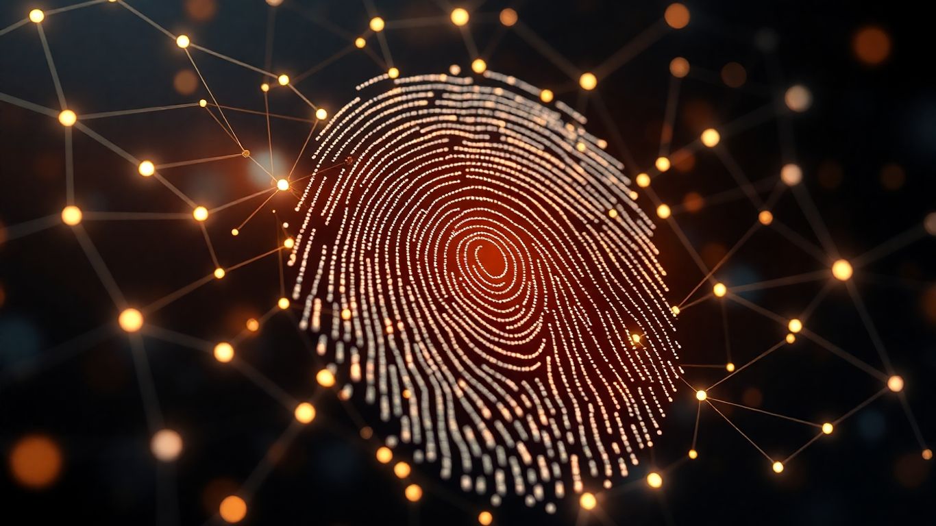 Digital fingerprint merging with glowing abstract network