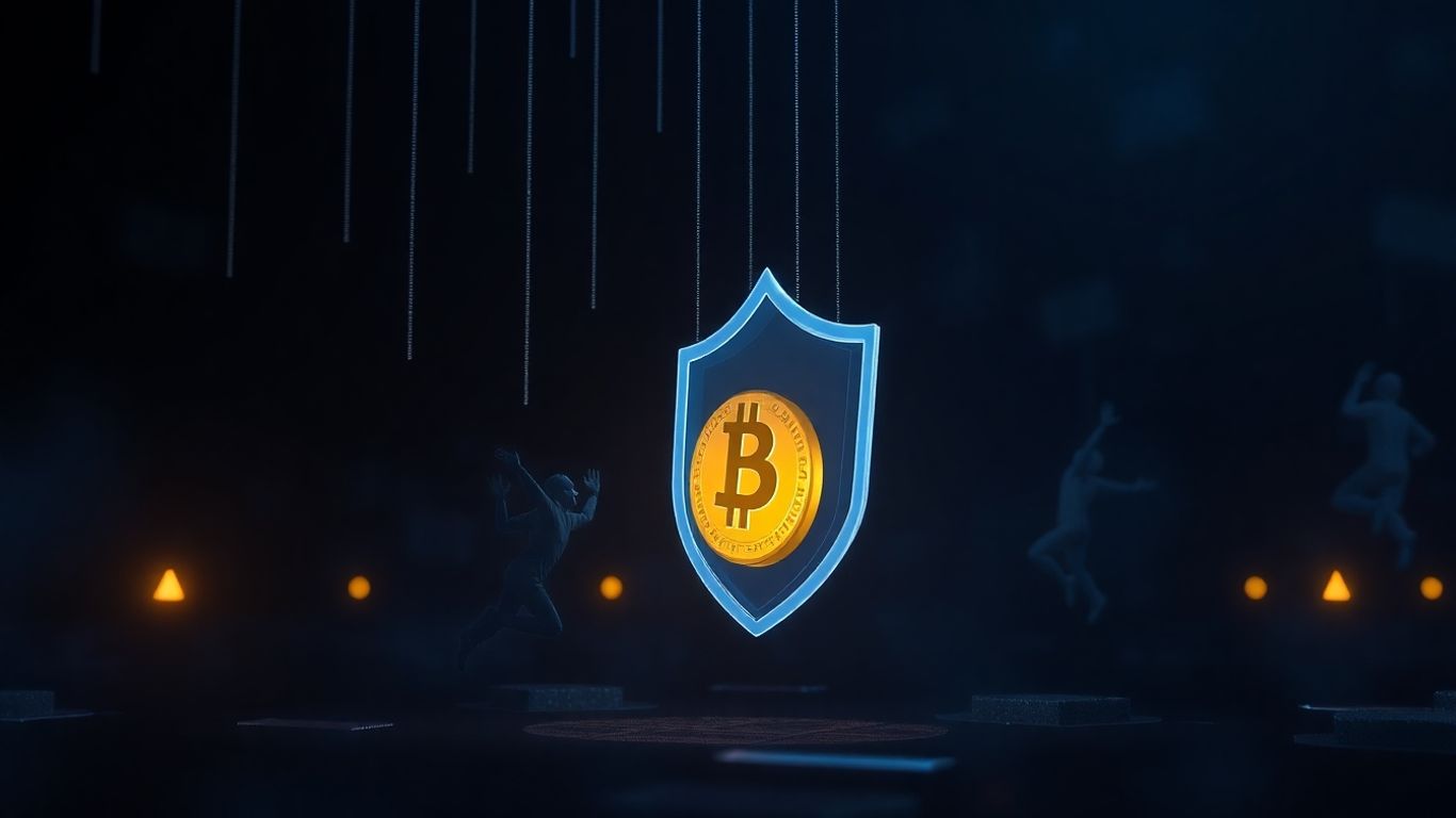 Digital shield protecting crypto from falling shadowy figures.