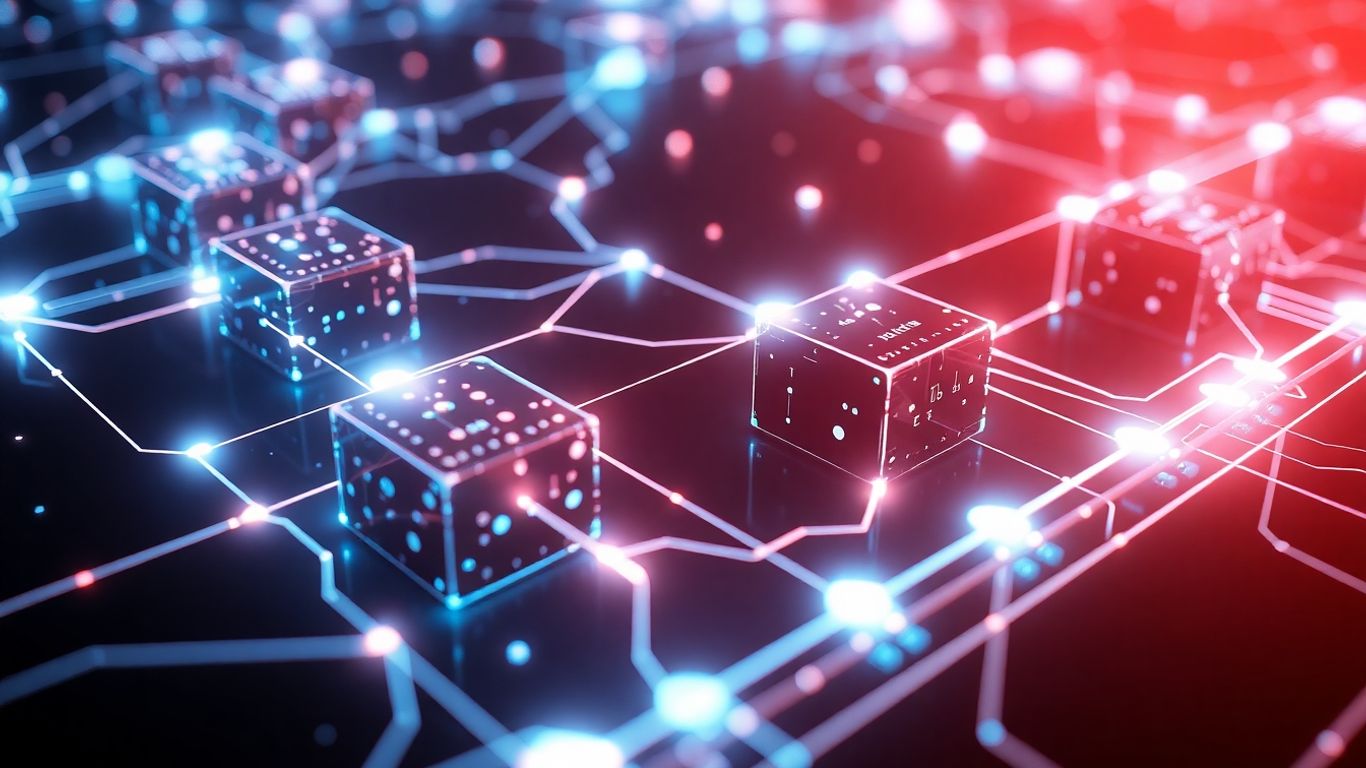 Interconnected glowing digital blocks with flowing data lines.