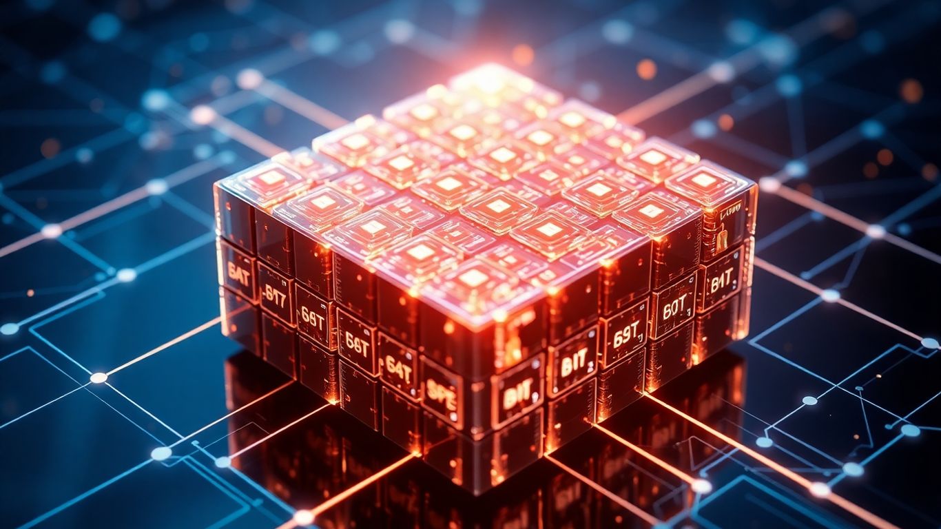 Interconnected digital blocks with glowing transparency and flowing data lines.