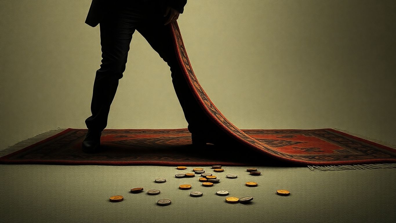 Person falling as rug is pulled, coins scatter.