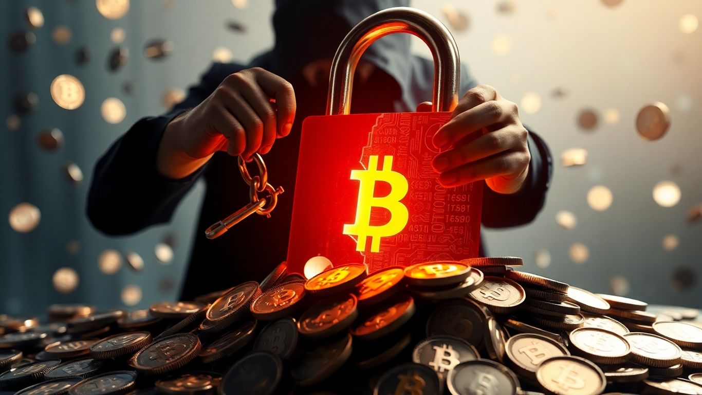 Broken digital lock and falling coins, rug pull scam visual.