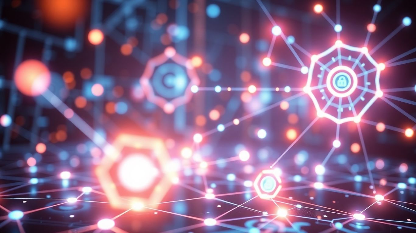 Futuristic digital interface with glowing abstract shapes and nodes.
