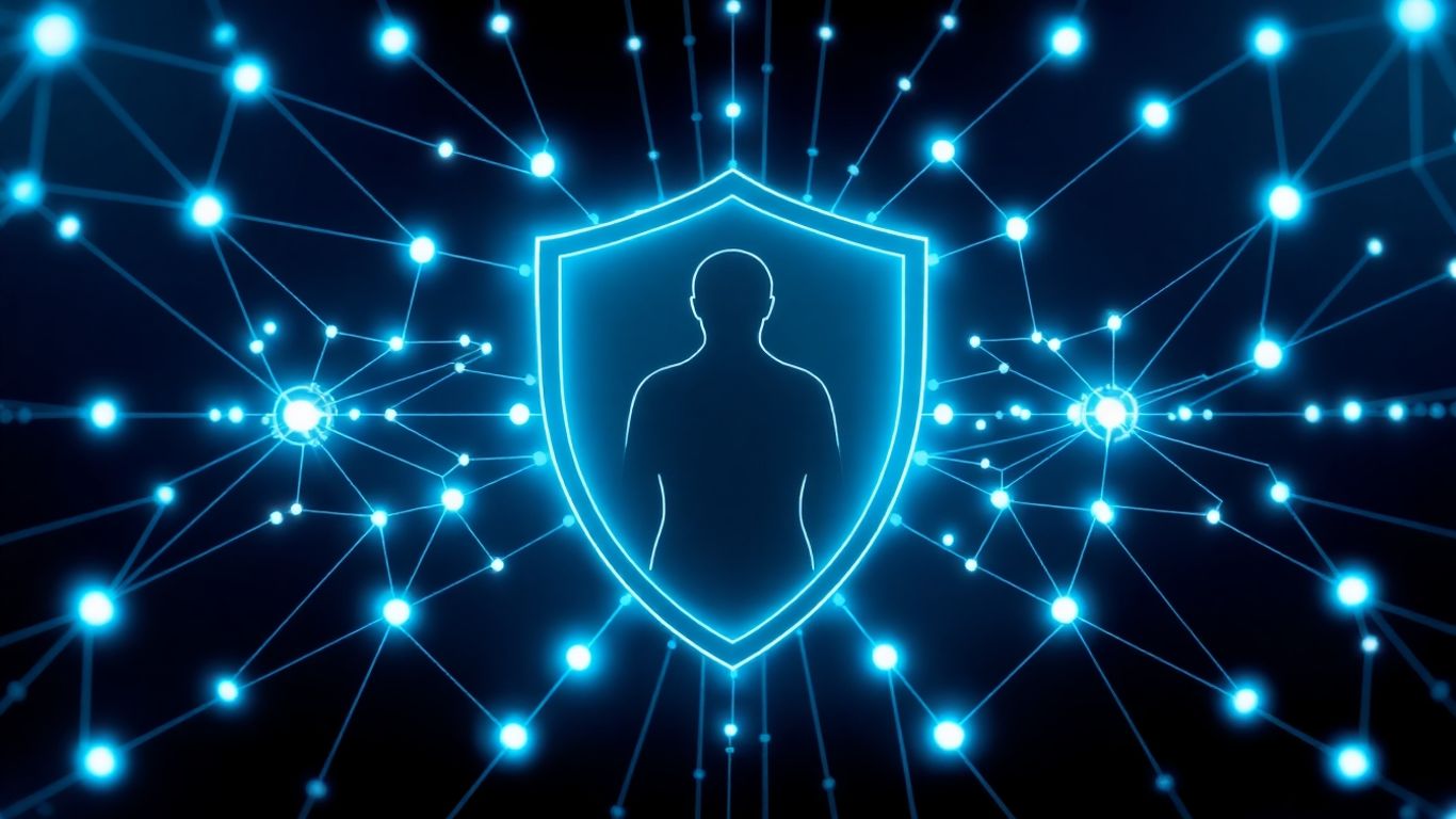 Digital shield protecting human silhouette with glowing nodes.