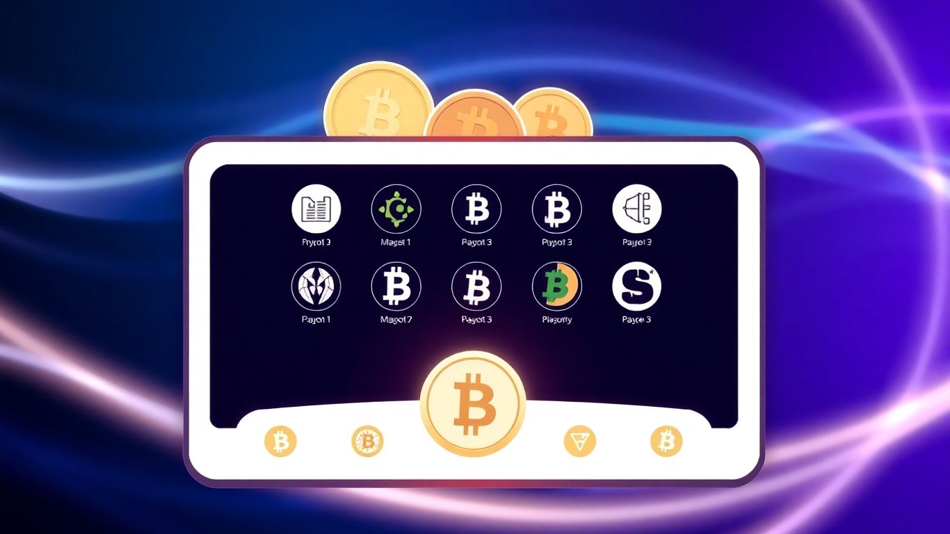 Coinbase Wallet interface with cryptocurrency icons and glowing blue background.