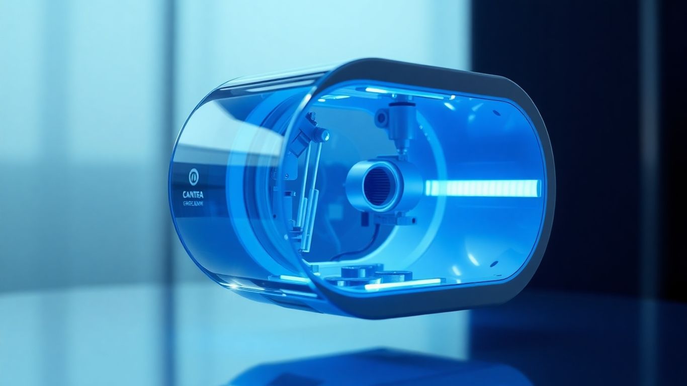 Futuristic scanner with visible internal components emitting blue light.