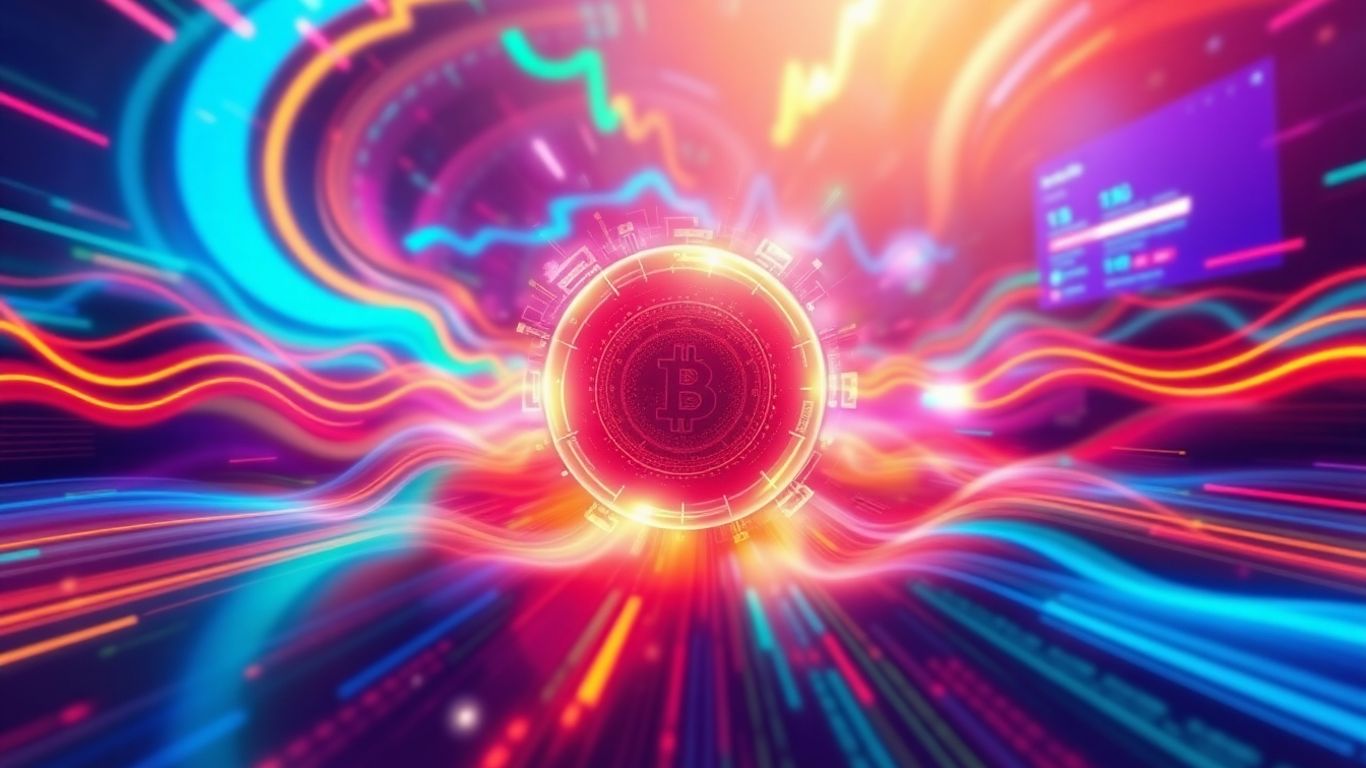 Digital landscape with neon colors and a central glowing orb.