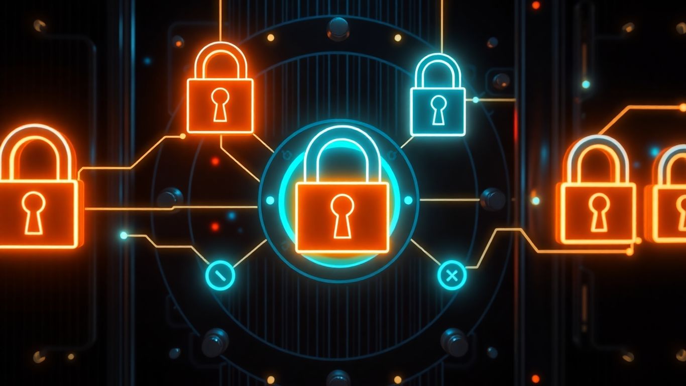 Interlocking digital locks on a secure vault.