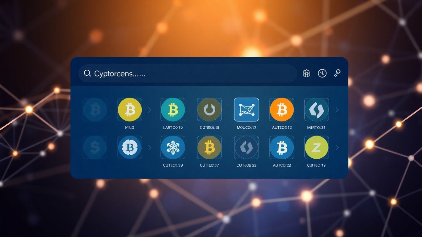 Digital crypto wallet with currency icons and search bar.