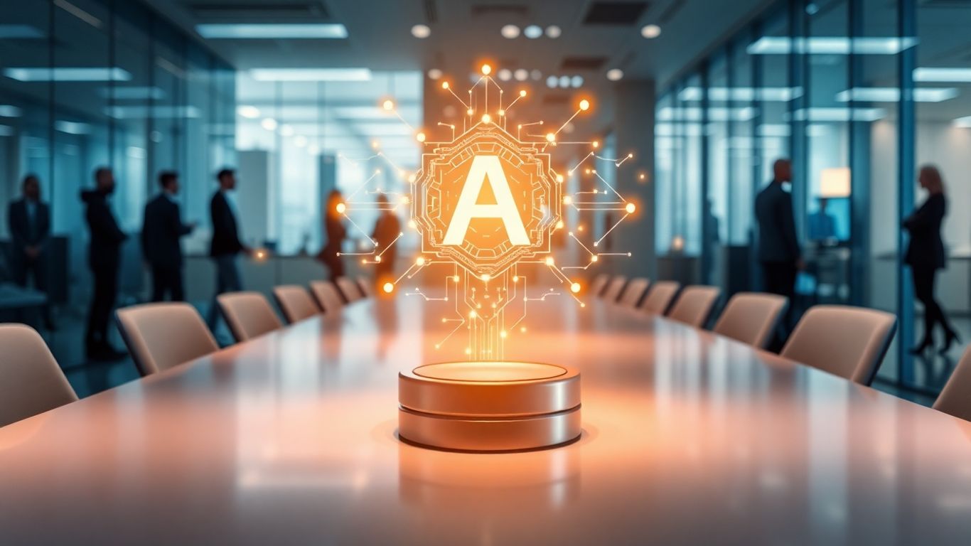 AI virtual assistant interface above office desk