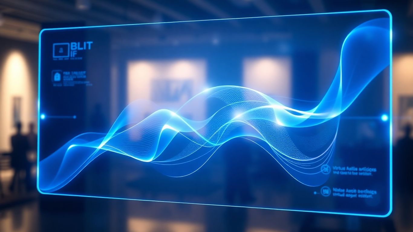 AI virtual assistant interface with glowing blue digital patterns.
