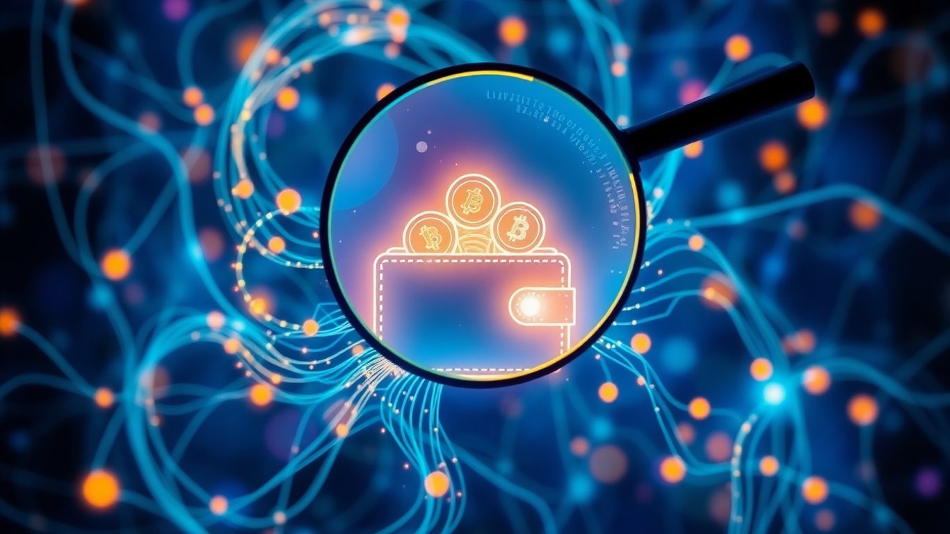 Digital wallet with glowing coins and magnifying glass.