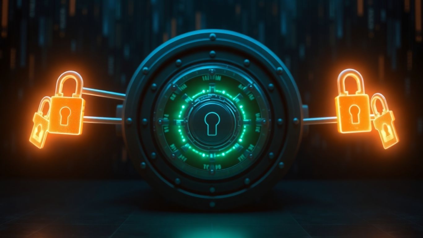 Digital vault with orbiting keys for enhanced security.