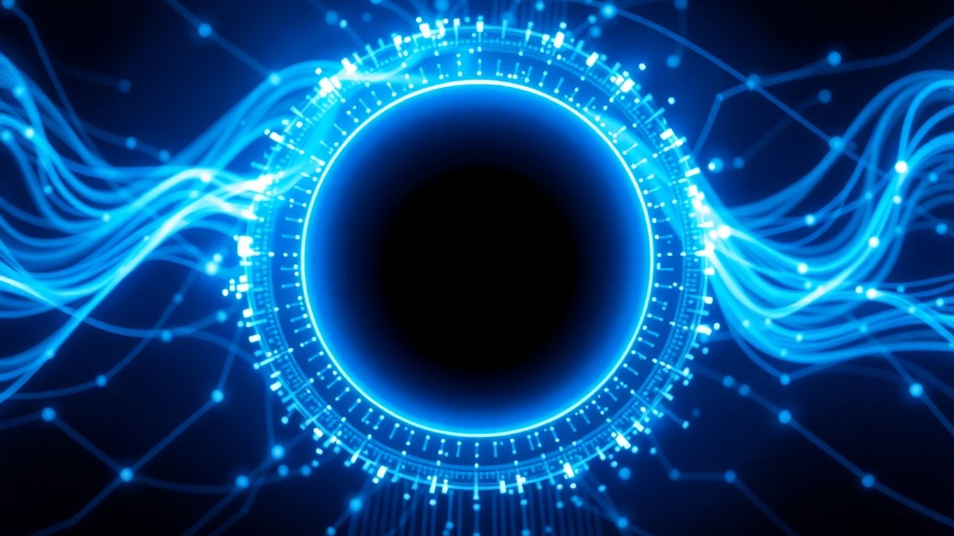 Digital assistant interface with glowing orb and data streams