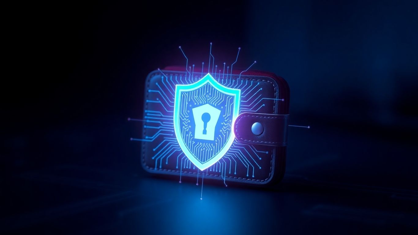 Secure digital wallet with glowing shield and circuitry.