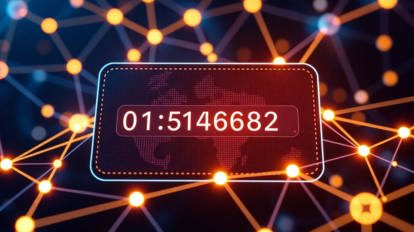 Digital wallet with unique address and glowing network connections.