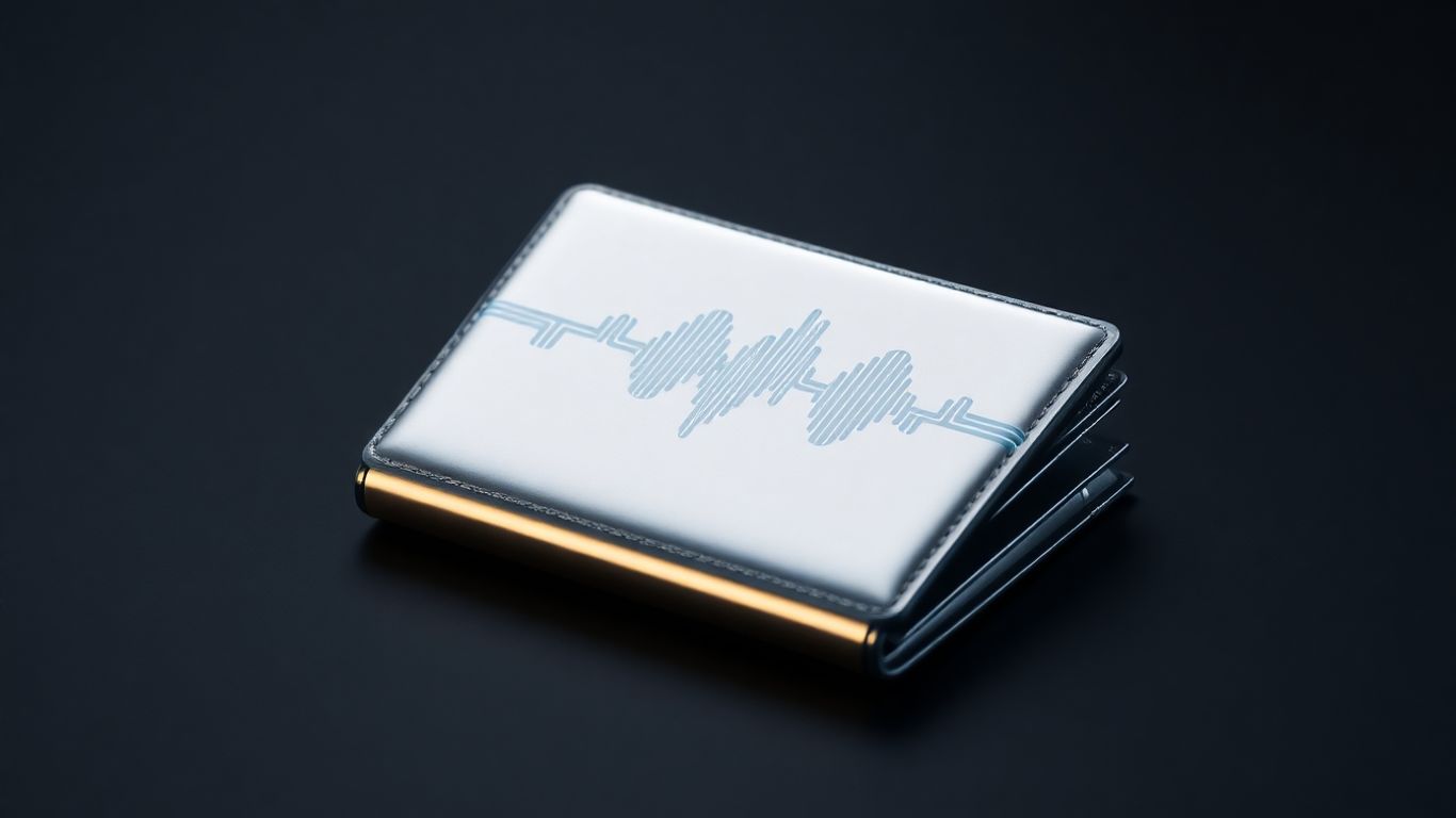 Modern metallic wallet with abstract digital wave pattern.