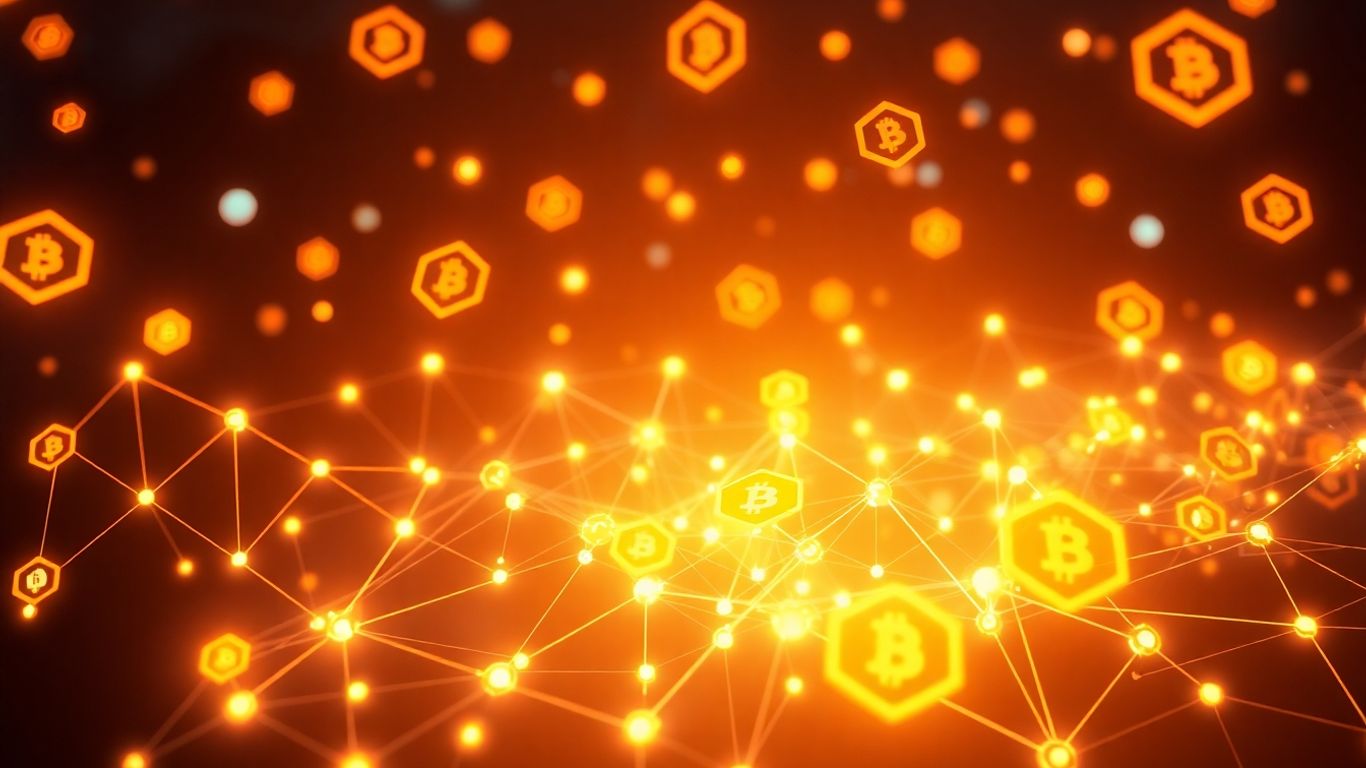 Interconnected digital tokens with radiating light and abstract shapes.