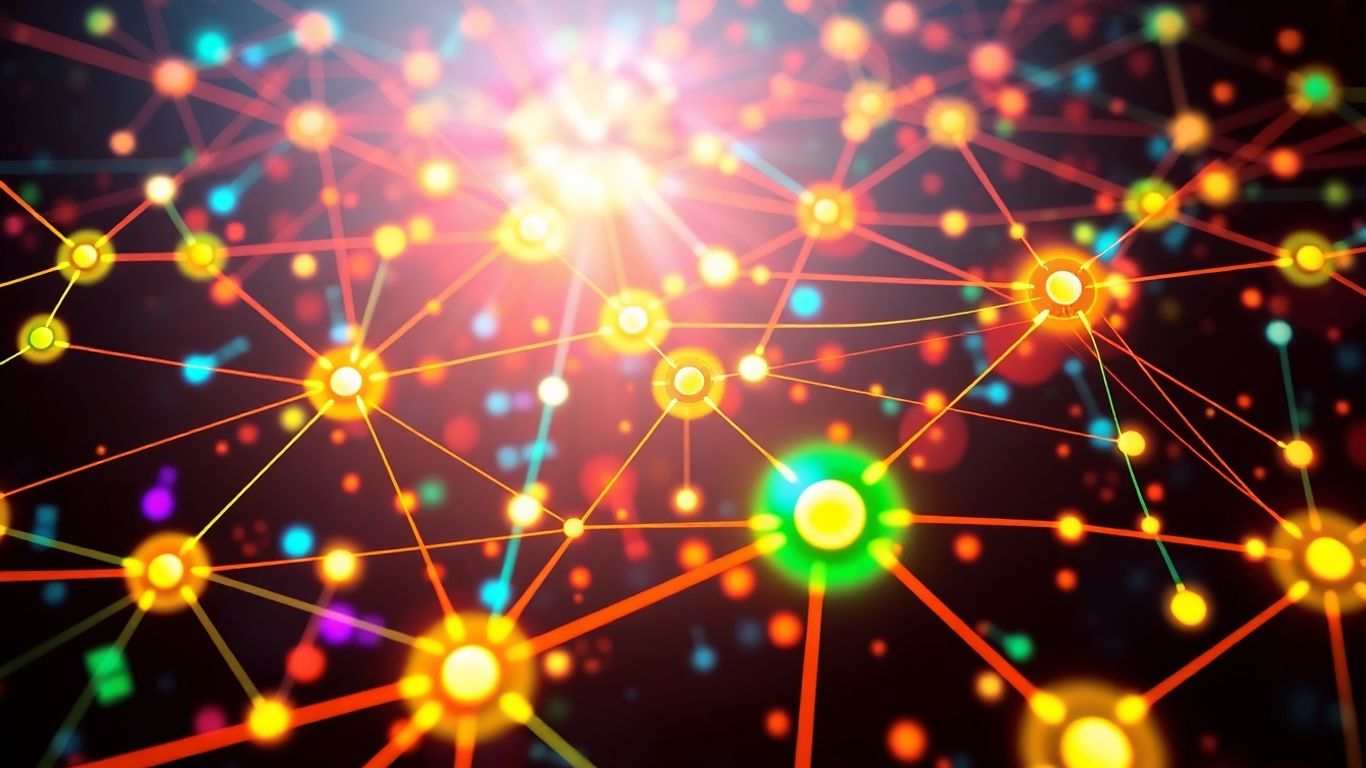 Interconnected digital nodes with flowing data streams.