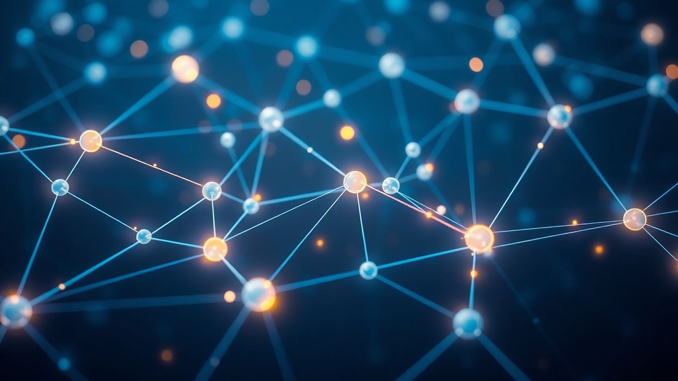 Interconnected glowing nodes forming a complex network.