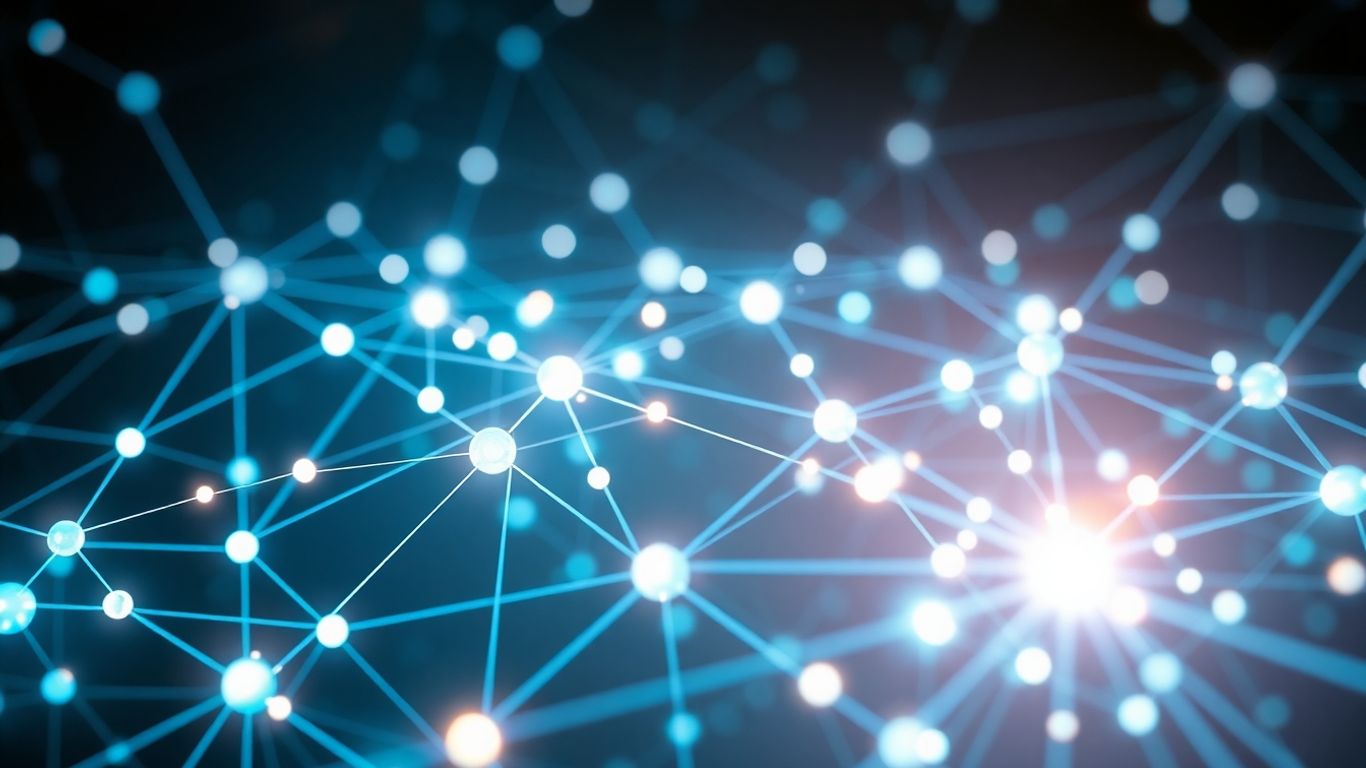 Interconnected glowing nodes forming a complex digital network.